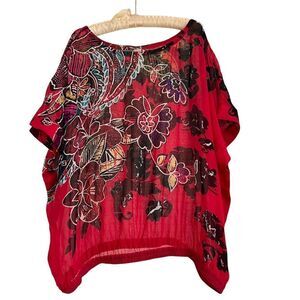 Chico’s Boho Floral Paisley Silk Beaded Loose Fitting Oversized Top M/L